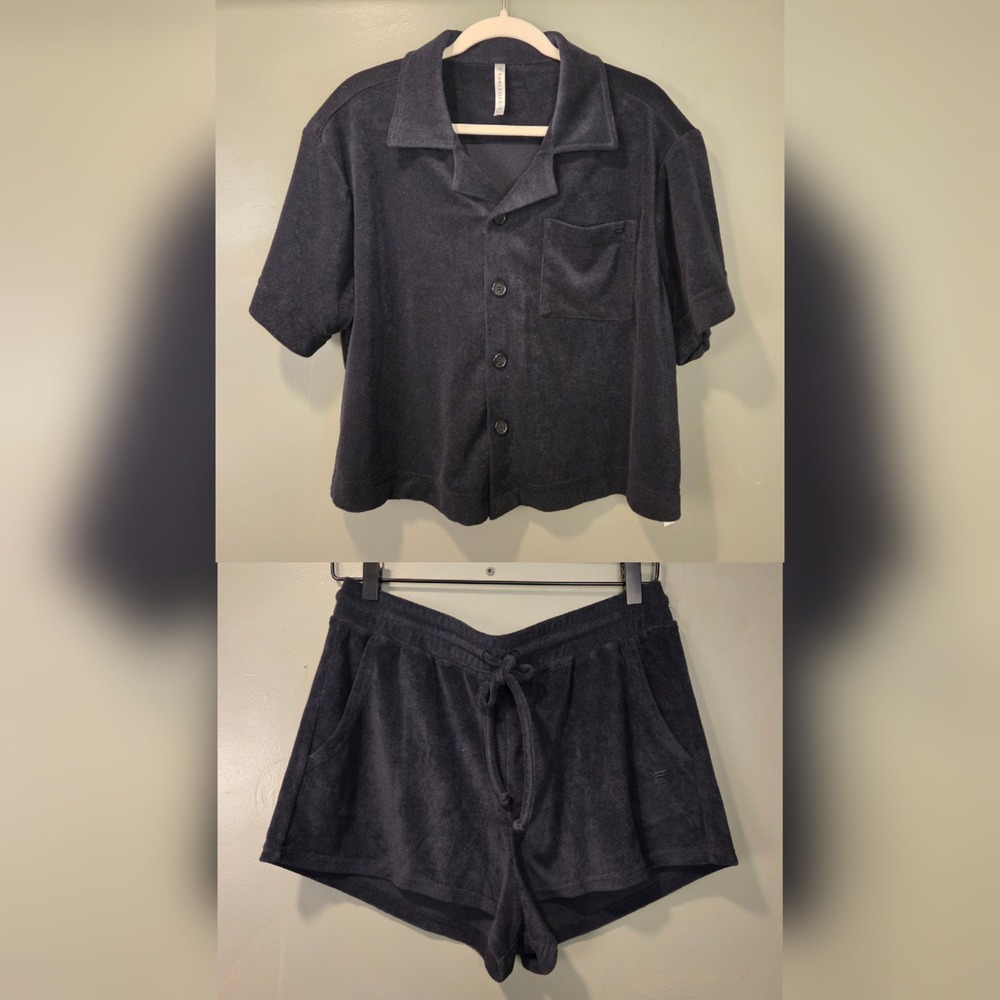 Fabletics Women's Terry Cloth Short Sleeve Button Up & Shorts Set, Size M, Black